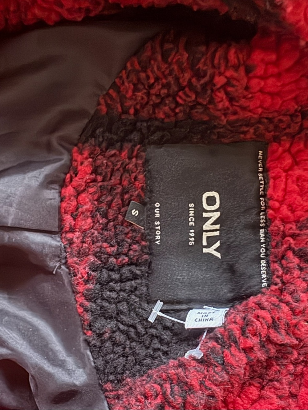 ONLY Red Black Buffalo Plaid Faux Shearling Sherpa Peacoat Jacket Small - Picture 4 of 7